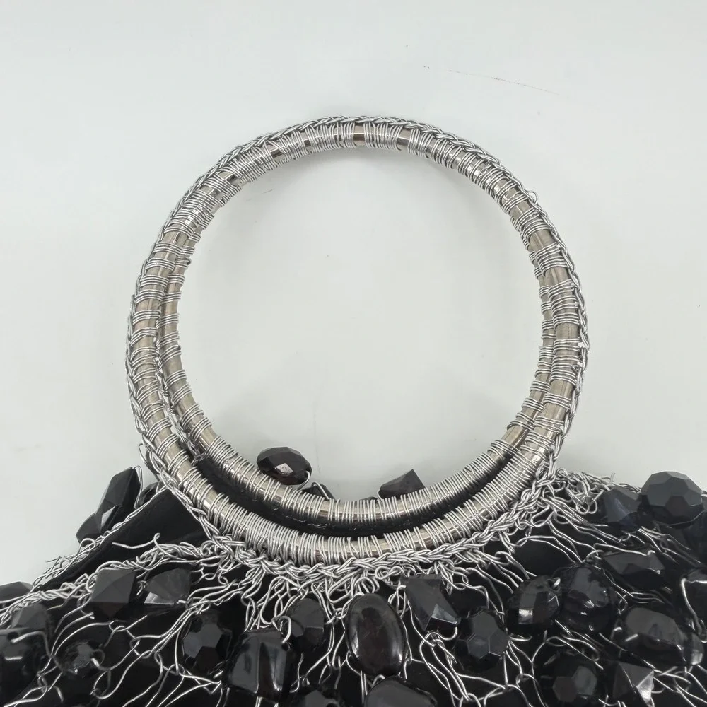 La Chica Chic Black Beaded Wire Evening‎ Bag Silver Ring Handle Made in Brazil